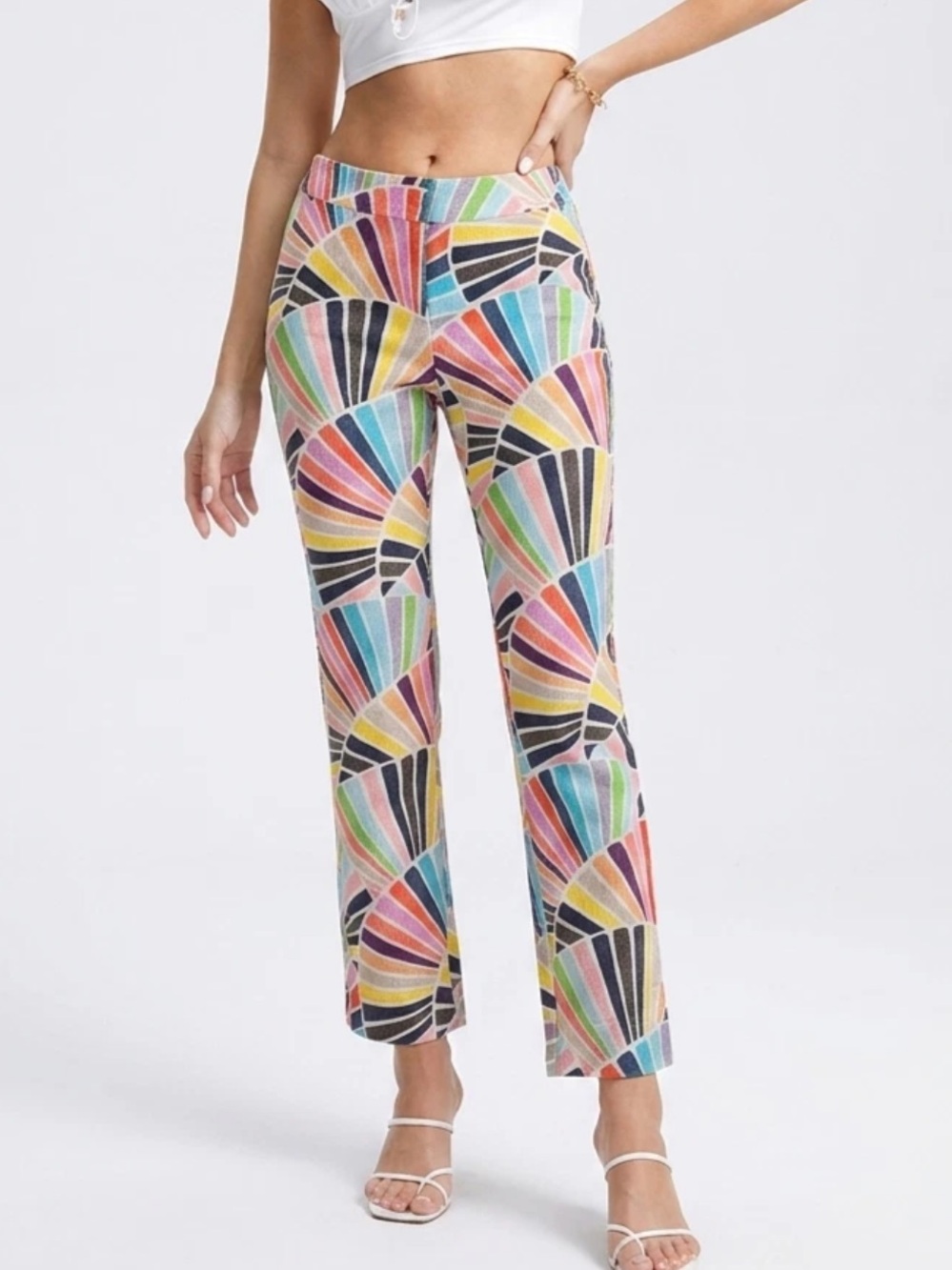 Trina Turk Multicolor Abstract Fan Print Mid Rise Ankle Cropped Pants Size 4